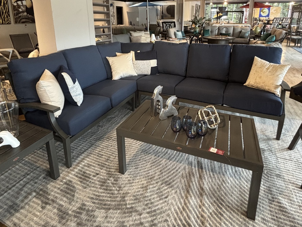 SET SOFA EN L 2 OTO MESA DE CENTRO MESA LATERAL GRIS COJINES AZULES HAI16C067A-LSD